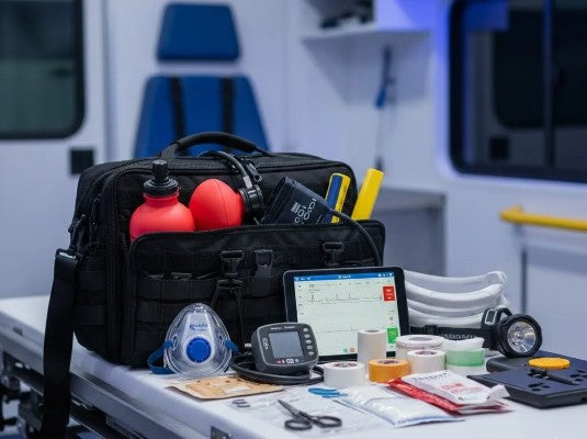  Fotografía de un maletín de emergencia color negro atrás de los elementos que conforman un equipo para paramédicos.