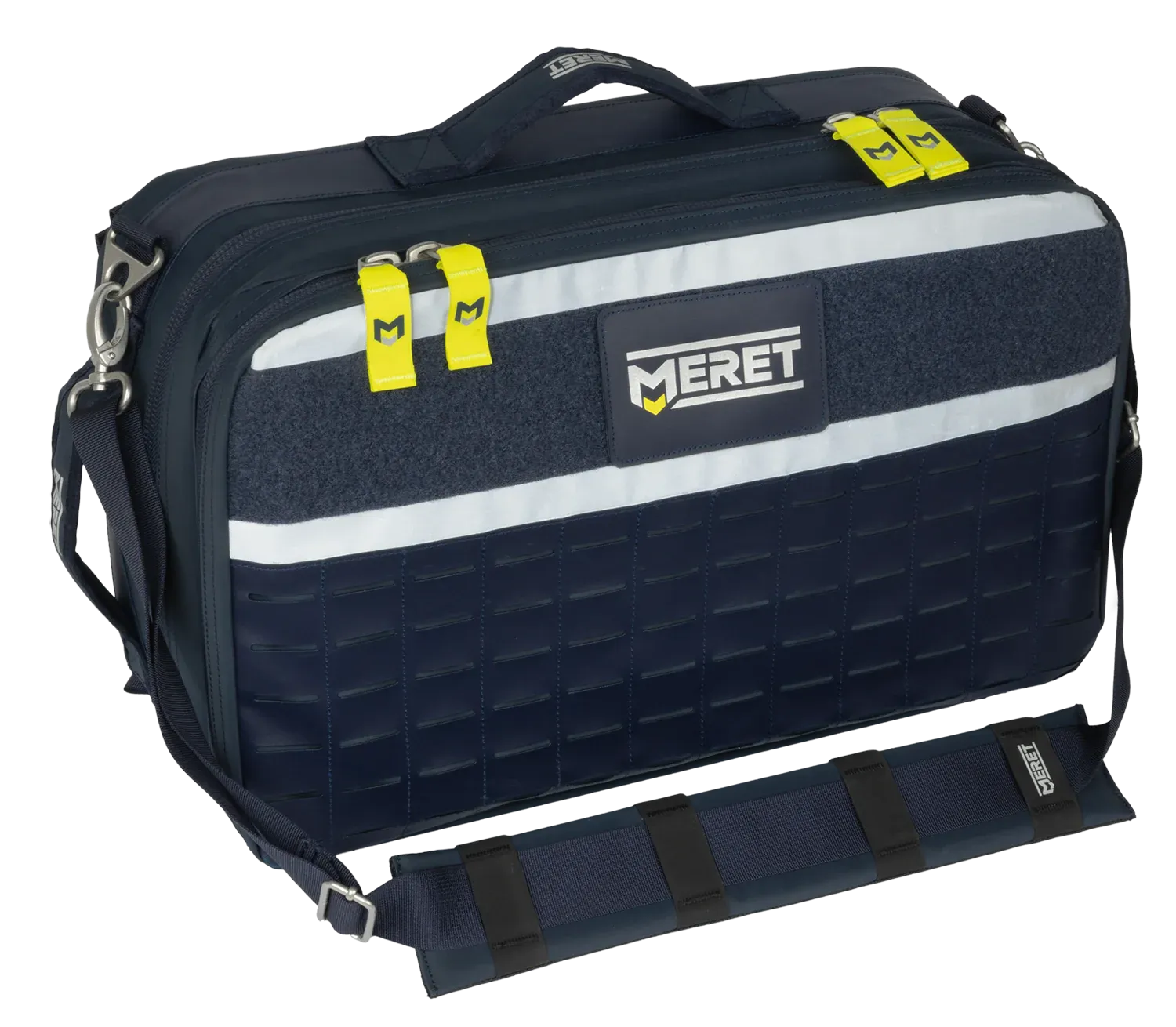 Fotografía de un maletín para equipo médico en color azul con detalles en color amarillo fosforescente y blanco.